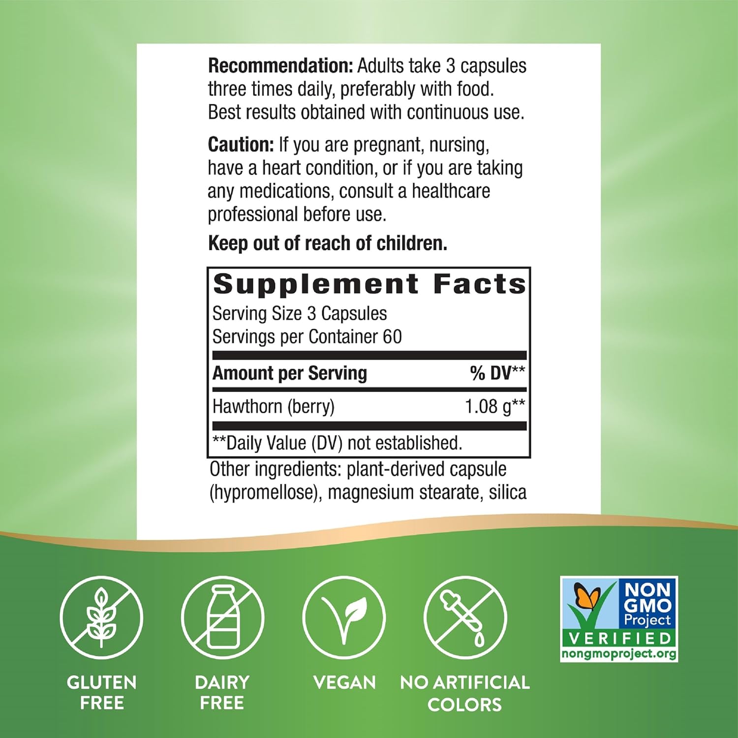 Non-GMO Hawthorn Berry Capsules for Heart Health Support - Herbal Supplement - 180 Vegan Capsules - Gluten Free