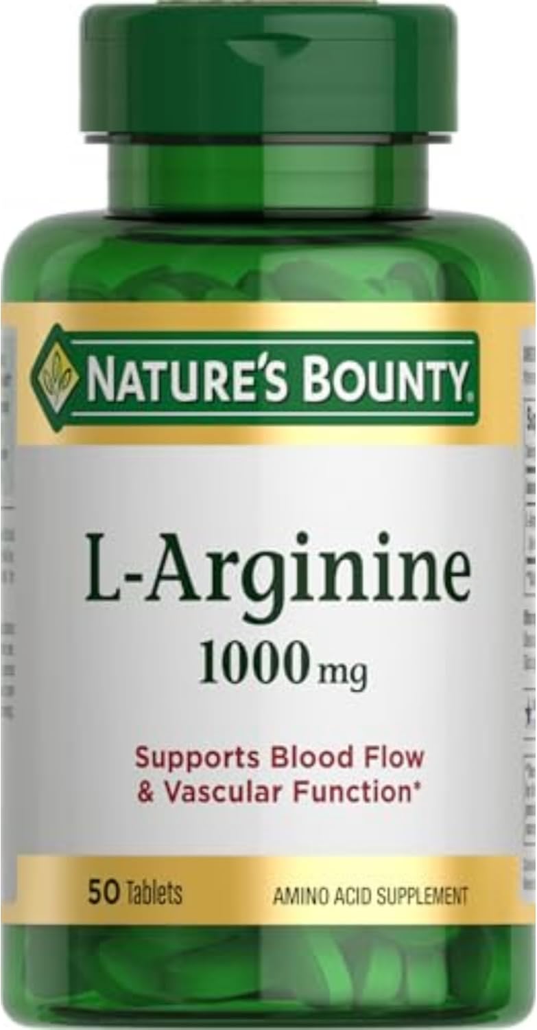 Non-GMO L-Arginine 1000mg Tablets for Blood Flow Support - Nature's Bounty, Gluten Free, 50 Count