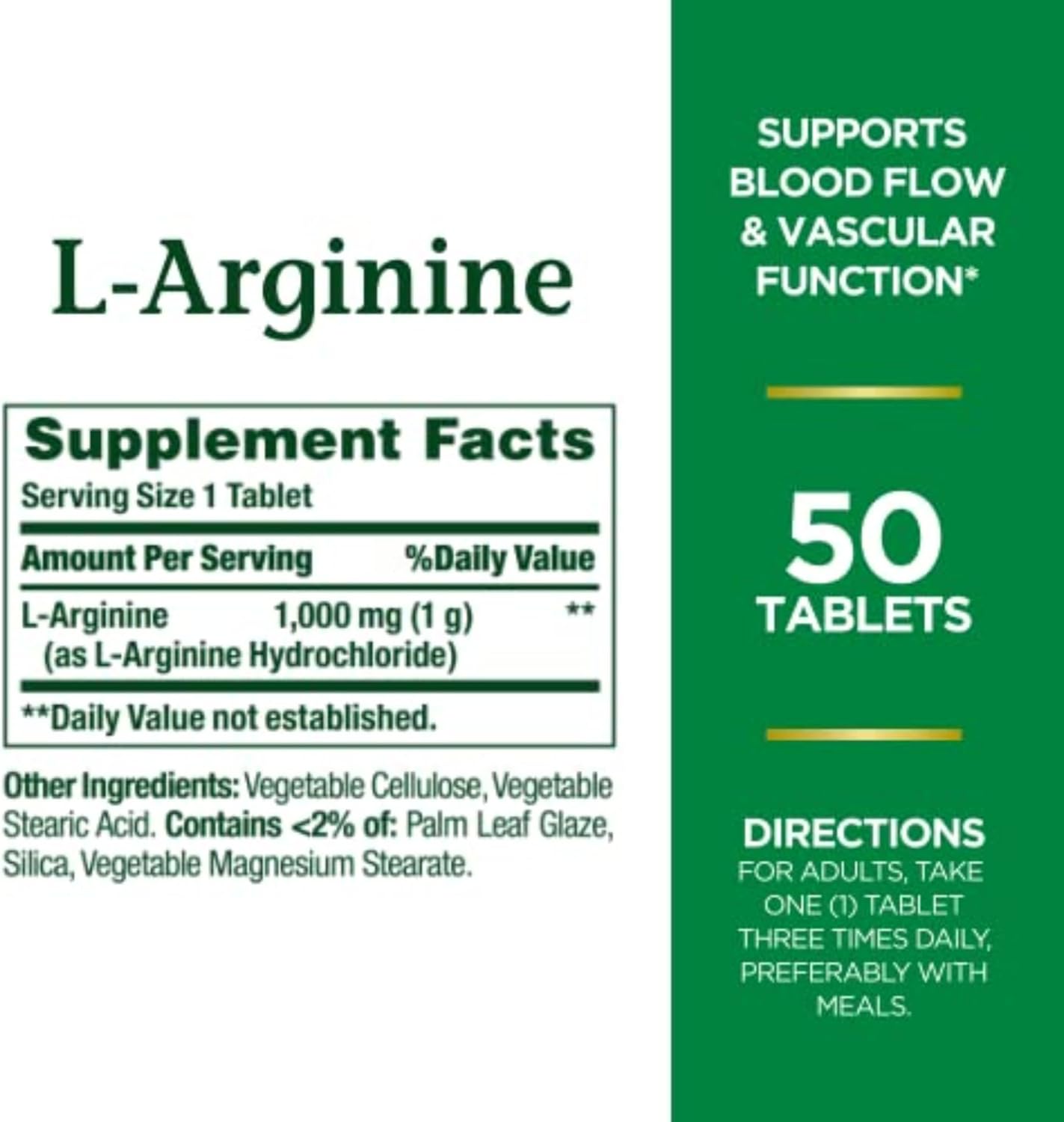 Non-GMO L-Arginine 1000mg Tablets for Blood Flow Support - Nature's Bounty, Gluten Free, 50 Count