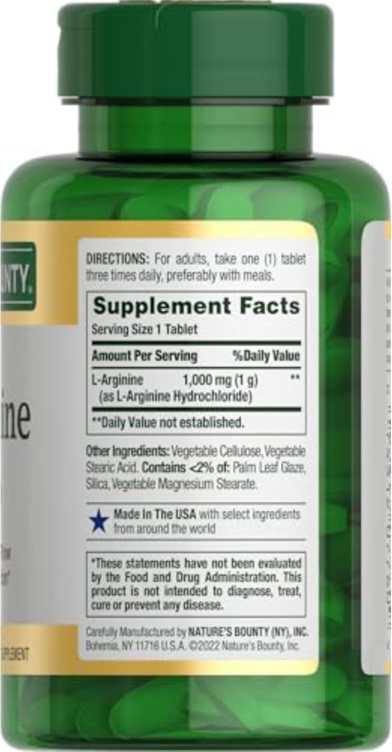 Non-GMO L-Arginine 1000mg Tablets for Blood Flow Support - Nature's Bounty, Gluten Free, 50 Count