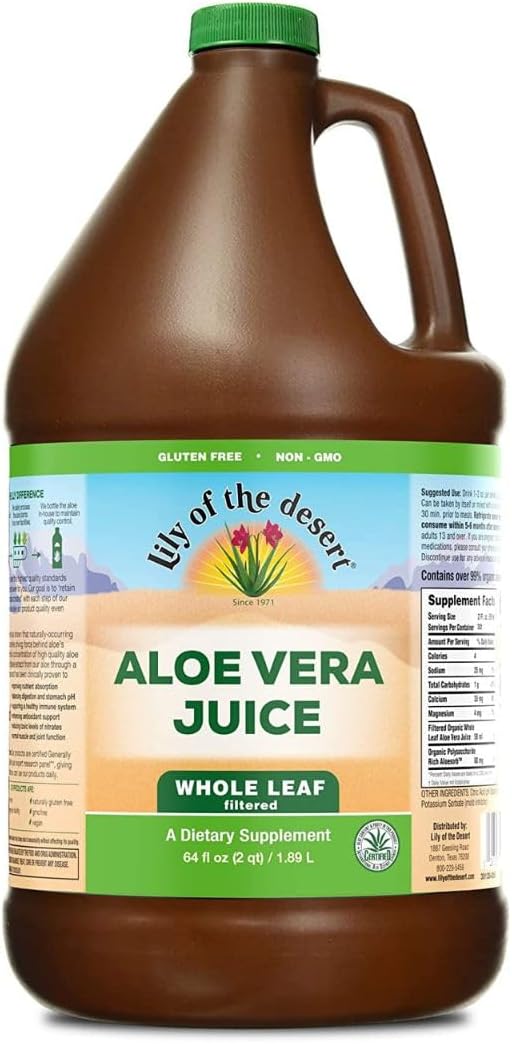Non-GMO Lily Of The Desert Aloe Vera Juice - 64 Fl Oz Whole Leaf Filtered Drink with Digestive Enzymes for Gut Health, Stomach Relief, and Glowing Skin
