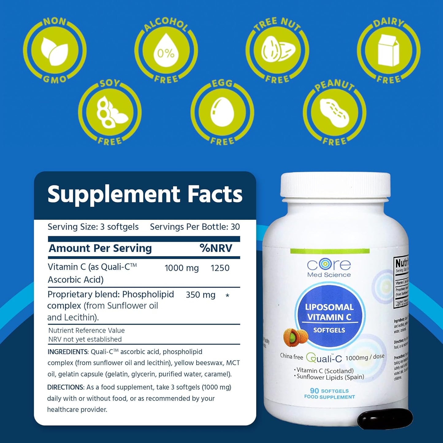 Non-GMO Liposomal Vitamin C 1000mg Softgels for Healthy Skin & Immune Support - Core Med Science - 90 Count