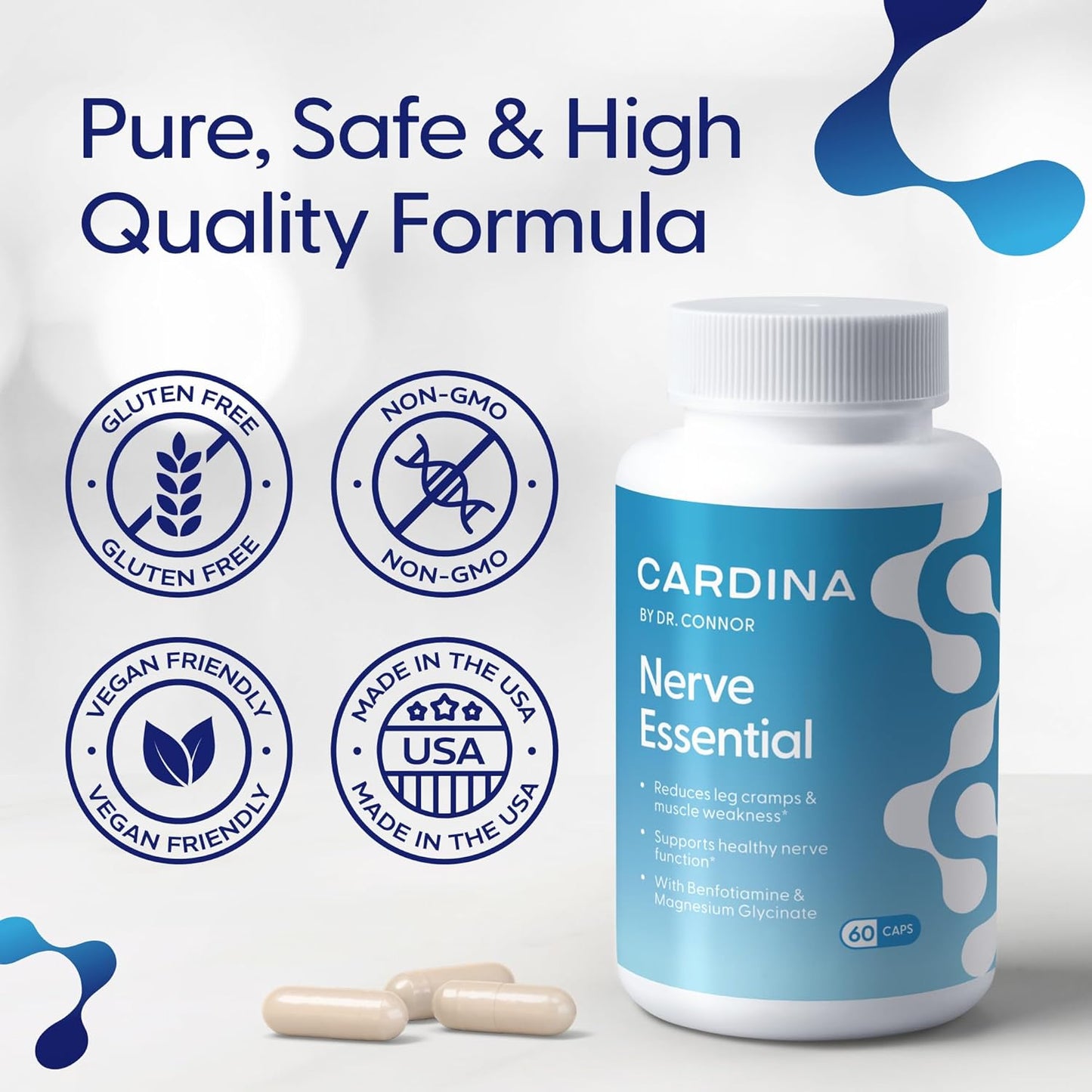 Non-GMO Magnesium Glycinate Supplements with Benfotiamine, Vitamin B6, B12, D3 - 60 Capsules - Nerve Support for Calf and Leg Cramps - Vegan and Gluten Free Magnesium Supplement for Women and Men