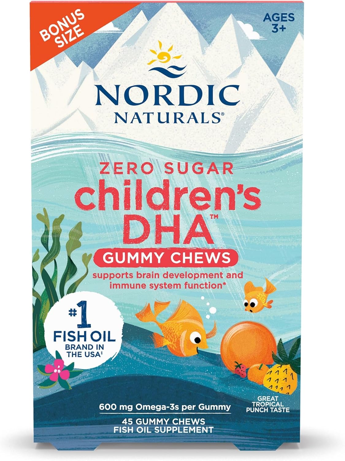 Non-GMO Nordic Naturals Children’s DHA Gummy Chews - 45 Gummies for Brain Development & Immunity - Tropical Punch Flavored Omega-3s - 600 mg Omega-3s
