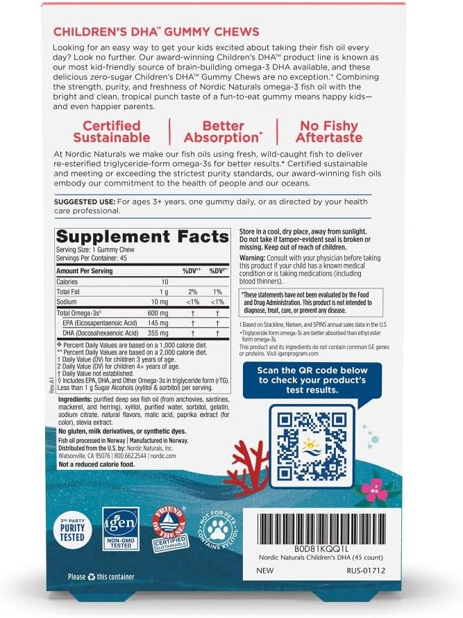 Non-GMO Nordic Naturals Children’s DHA Gummy Chews - 45 Gummies for Brain Development & Immunity - Tropical Punch Flavored Omega-3s - 600 mg Omega-3s