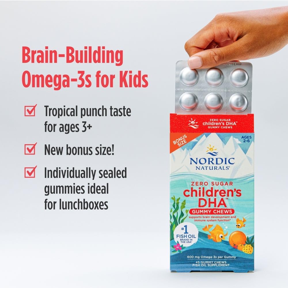 Non-GMO Nordic Naturals Children’s DHA Gummy Chews - 45 Gummies for Brain Development & Immunity - Tropical Punch Flavored Omega-3s - 600 mg Omega-3s
