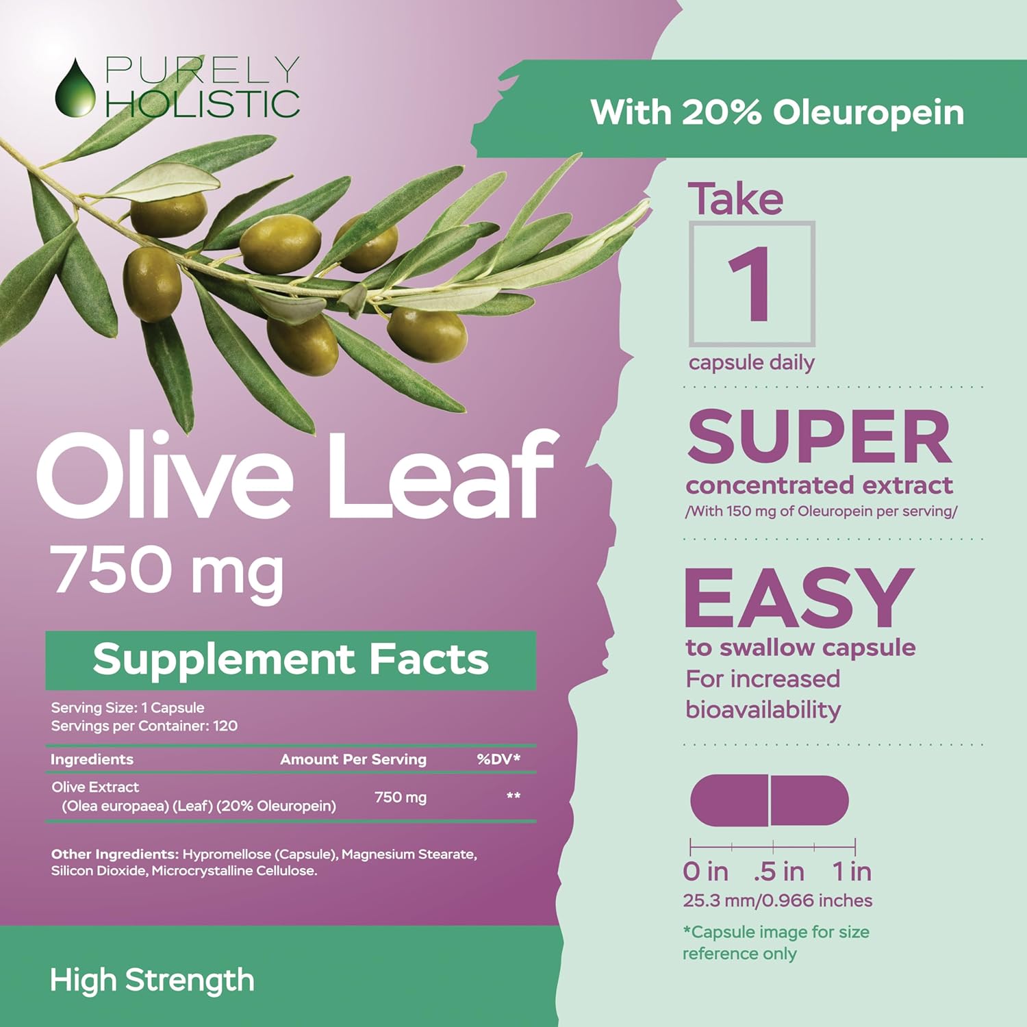 Non-GMO Olive Leaf Extract 750mg Capsules - High Strength 20% Oleuropein - Vegan Friendly - 4 Month Supply