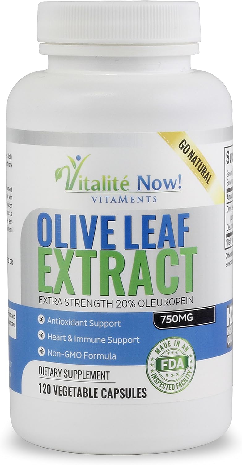 Non-GMO Olive Leaf Extract Capsules - Immune Support Supplement with 20% Oleuropein - 750mg Super Strength - 120 Count - Up to 4 Months Supply - Vegetarian Formula by Vitalité Now!