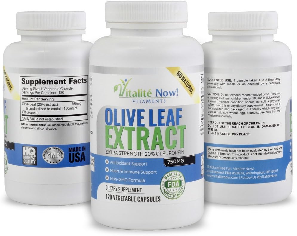 Non-GMO Olive Leaf Extract Capsules - Immune Support Supplement with 20% Oleuropein - 750mg Super Strength - 120 Count - Up to 4 Months Supply - Vegetarian Formula by Vitalité Now!