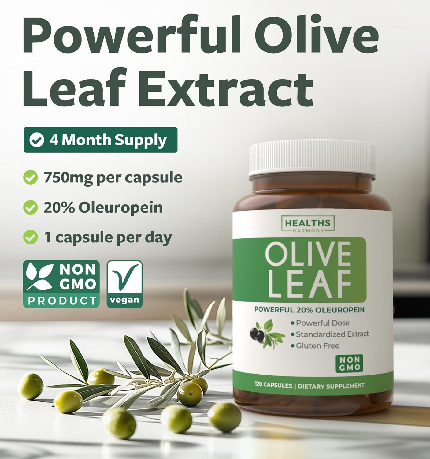 Non-GMO Olive Leaf Extract Super Strength Supplement - 750mg - Immune Support, Skin Health, Antioxidants - Vegetarian Capsules - 120 Count