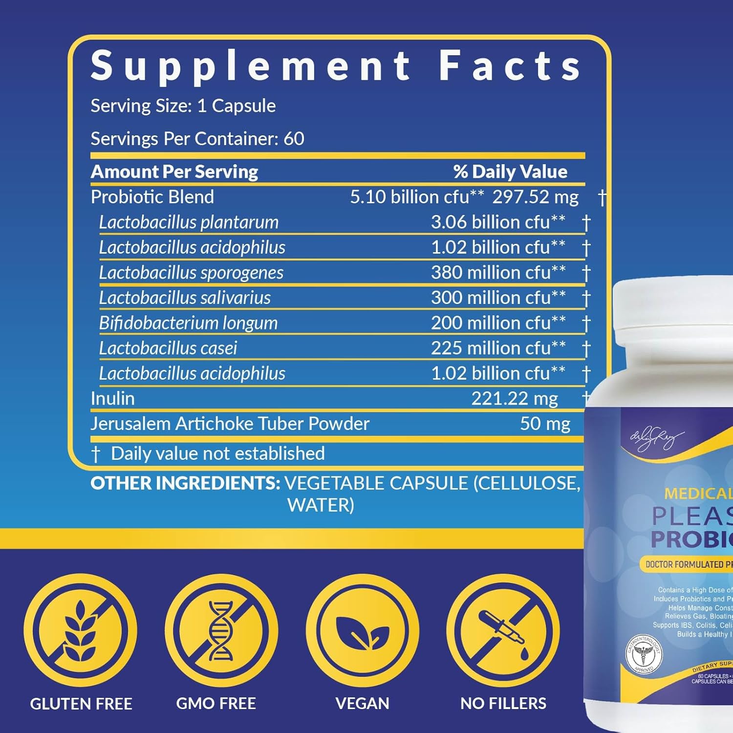 Non-GMO Probiotic Blend Dietary Supplements for Women, Men, and Children - 60 Veggie Capsules by Dr. Liz Cruz