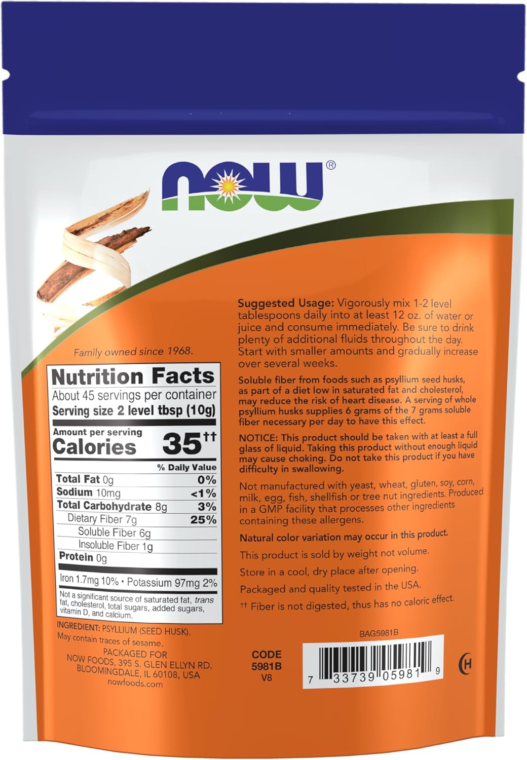 Non-GMO Project Verified NOW Foods Whole Psyllium Husks Supplements, 16-Ounce, High Soluble Fiber Content
