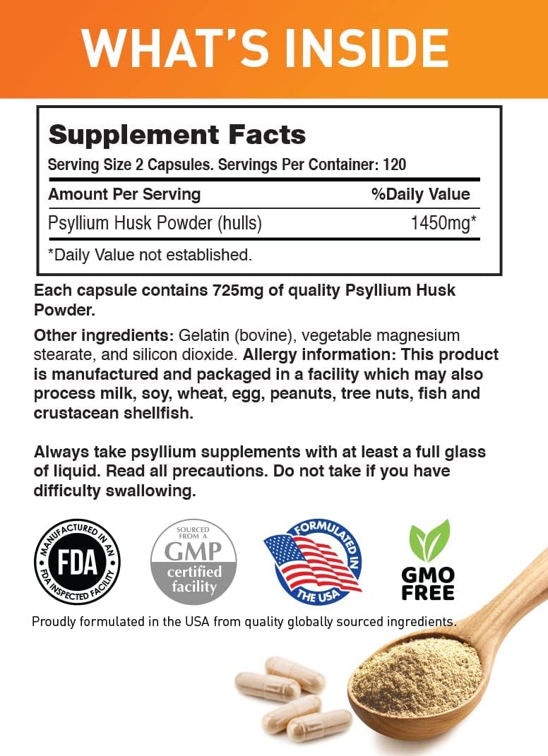 Non-GMO Psyllium Husk Fiber Capsules for Colon Cleanse & Digestive Health - 240 Capsules, 725mg - Prebiotic & Heart Health Supplement