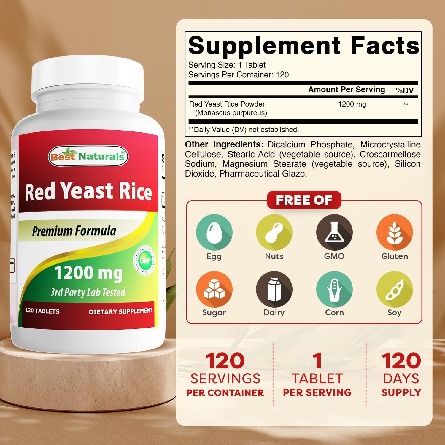 Non-GMO Red Yeast Rice 1200mg - 120 Tablets, Citrinin Free & Non-Irradiated - Top Quality Supplement