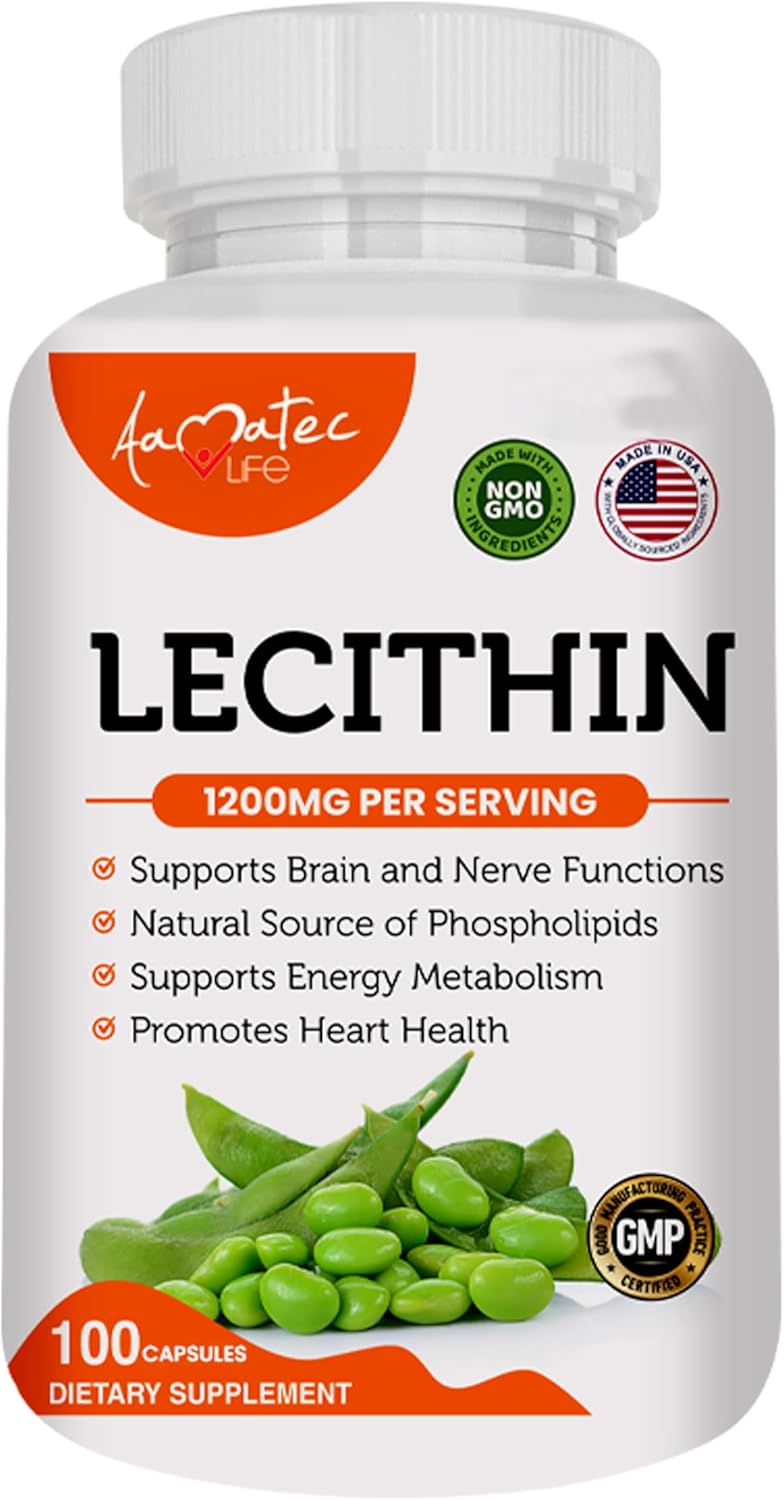 Non-GMO Soy Lecithin Capsules for Heart, Liver & Brain Health - USA Made - 100 Capsules - 1200mg