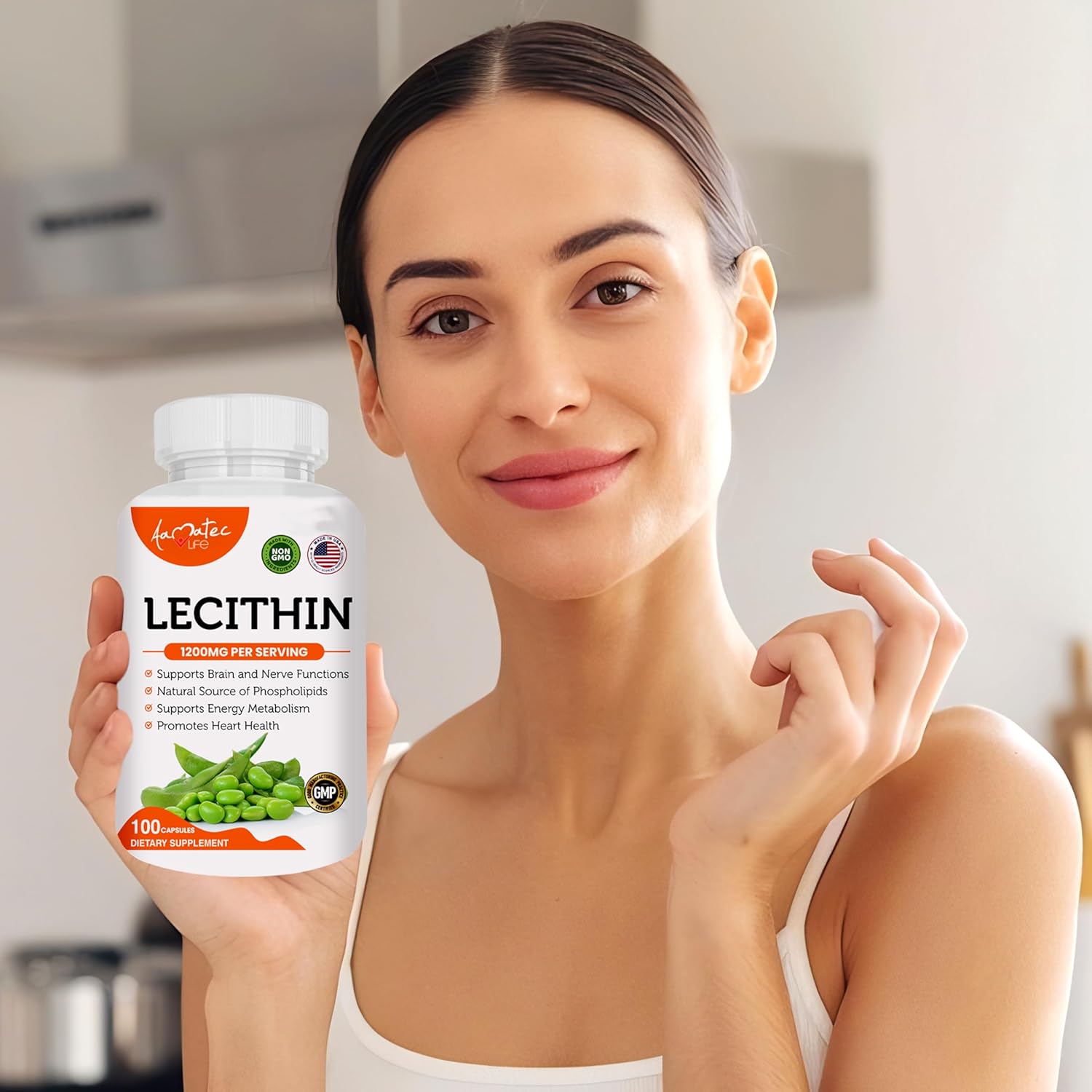 Non-GMO Soy Lecithin Capsules for Heart, Liver & Brain Health - USA Made - 100 Capsules - 1200mg