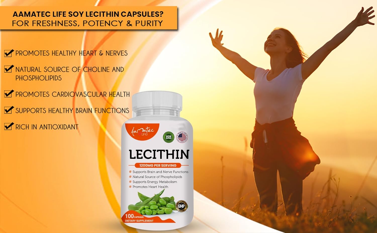 Non-GMO Soy Lecithin Capsules for Heart, Liver & Brain Health - USA Made - 100 Capsules - 1200mg