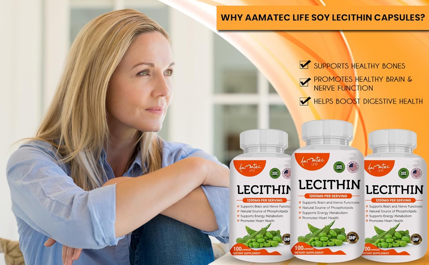 Non-GMO Soy Lecithin Capsules for Heart, Liver & Brain Health - USA Made - 100 Capsules - 1200mg