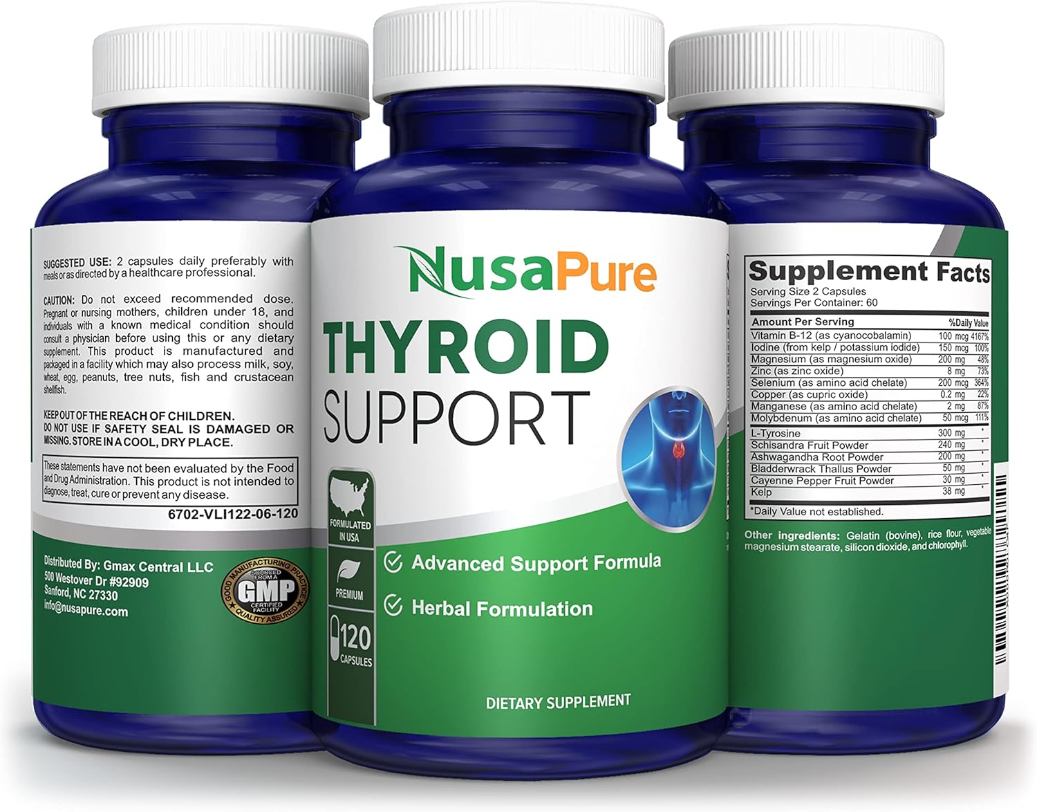 Non-GMO Thyroid Support Supplement with Ashwagandha, Iodine, Zinc, Kelp, Vitamin B12, L-Tyrosine, Selenium, and Copper - 120 Capsules by NusaPure