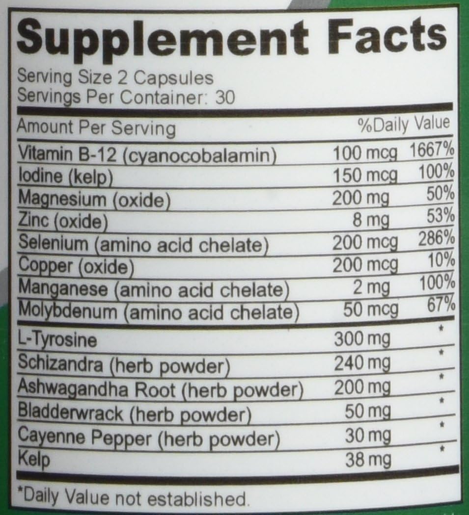 Non-GMO Thyroid Support Supplement with Ashwagandha, Iodine, Zinc, Kelp, Vitamin B12, L-Tyrosine, Selenium, and Copper - 120 Capsules by NusaPure
