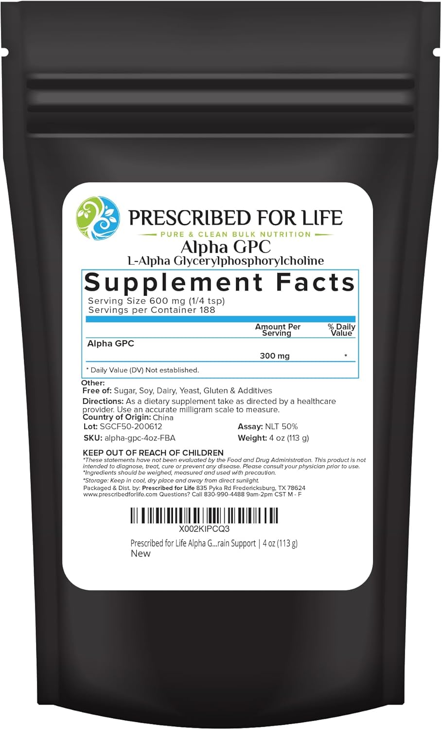 Non-GMO Vegan Alpha GPC Powder for Cognitive Function & Brain Support - 4oz (113g)