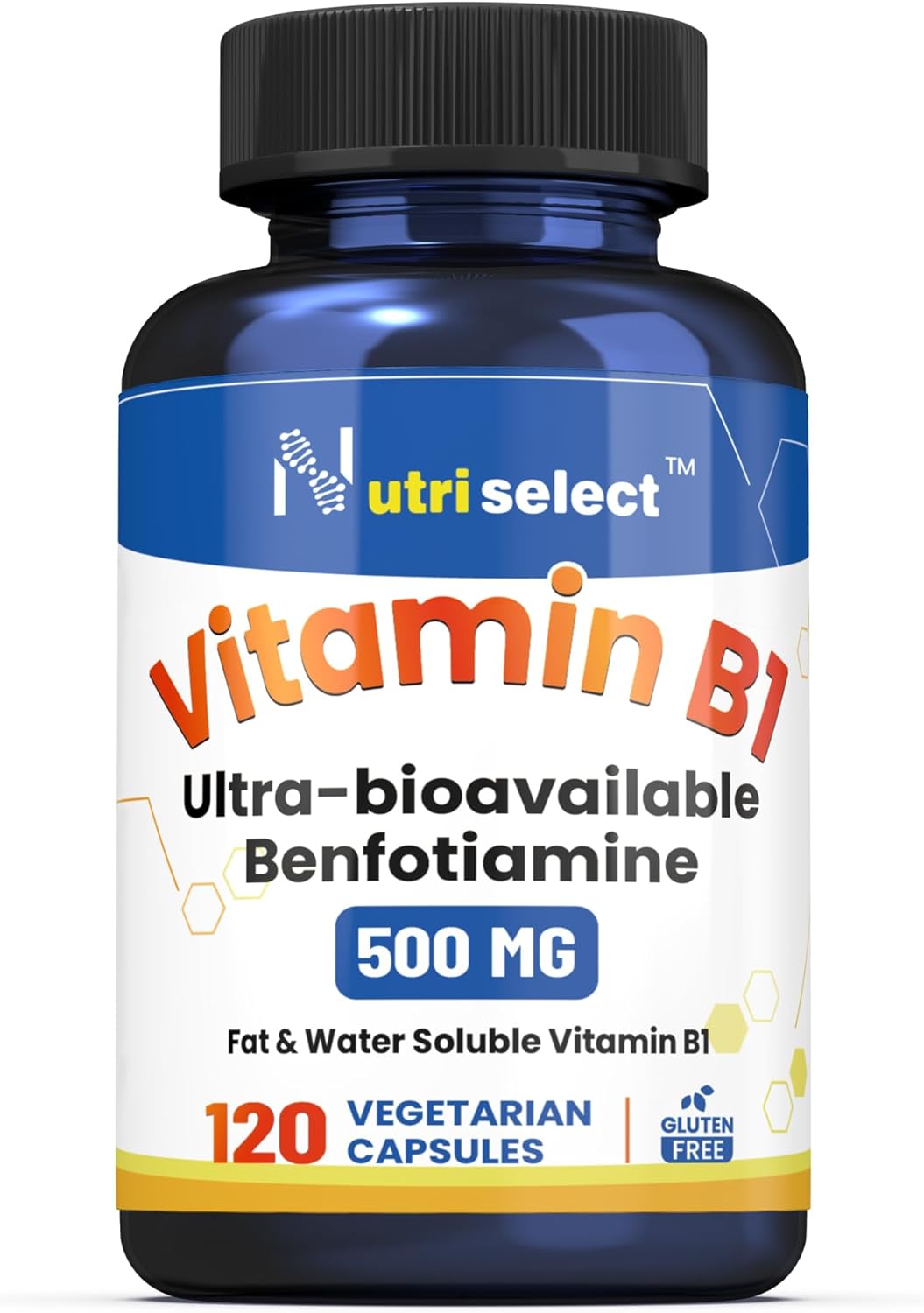 Non-GMO Vegan Benfotiamine Supplement with 500mg Vitamin B1 - 120 Capsules Gluten-Free