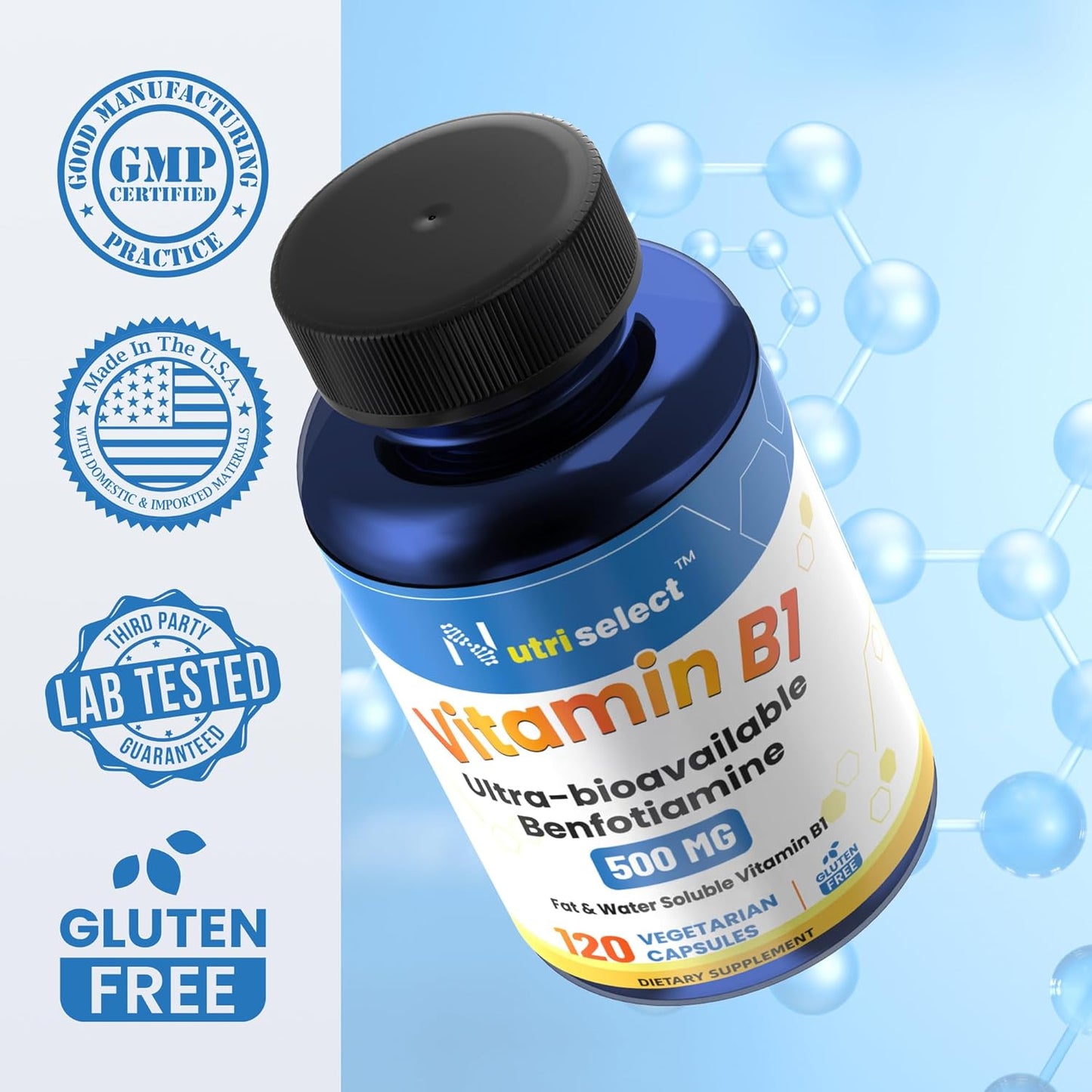 Non-GMO Vegan Benfotiamine Supplement with 500mg Vitamin B1 - 120 Capsules Gluten-Free