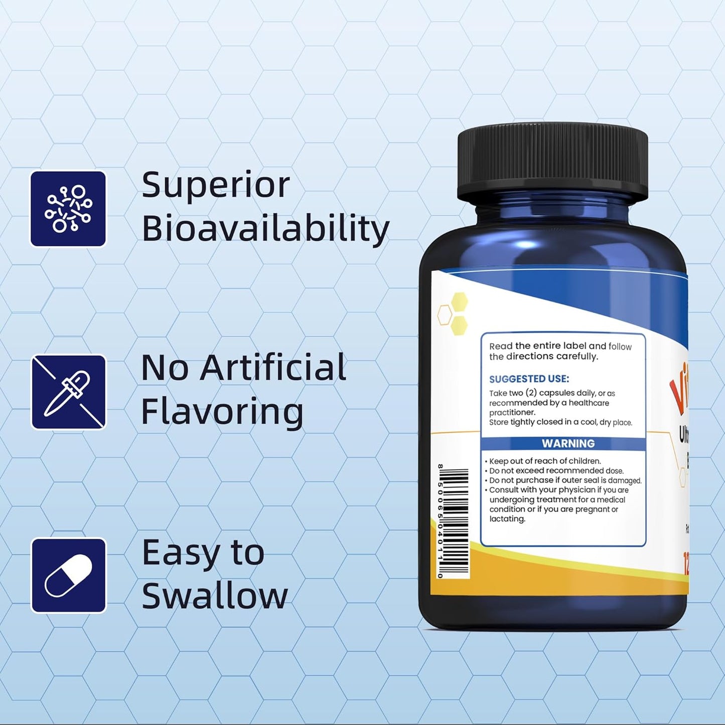 Non-GMO Vegan Benfotiamine Supplement with 500mg Vitamin B1 - 120 Capsules Gluten-Free
