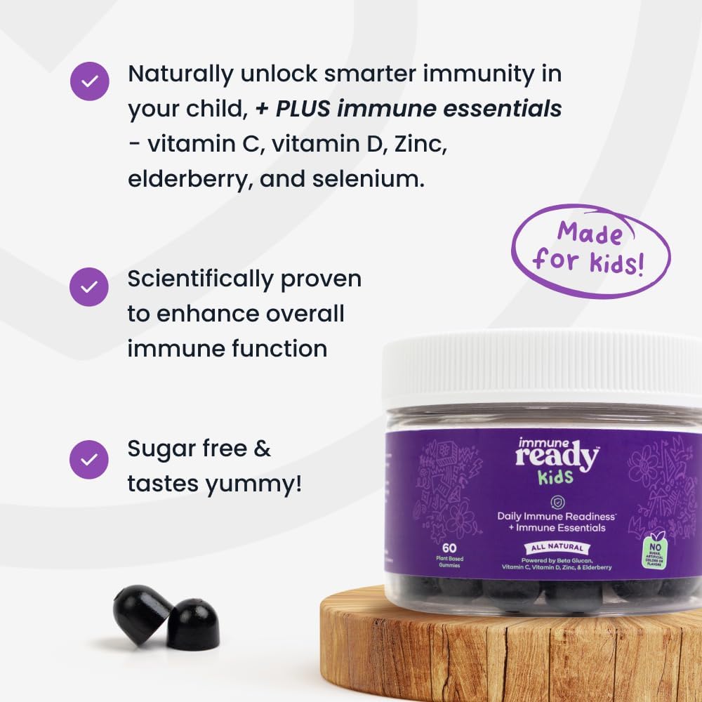 Non-GMO Vegan Kids Gummies with Immune-Boosting Beta Glucan, Elderberry, Vitamin C, D3, Zinc - Sugar Free Mixed Berry Flavor - 60 Gummies