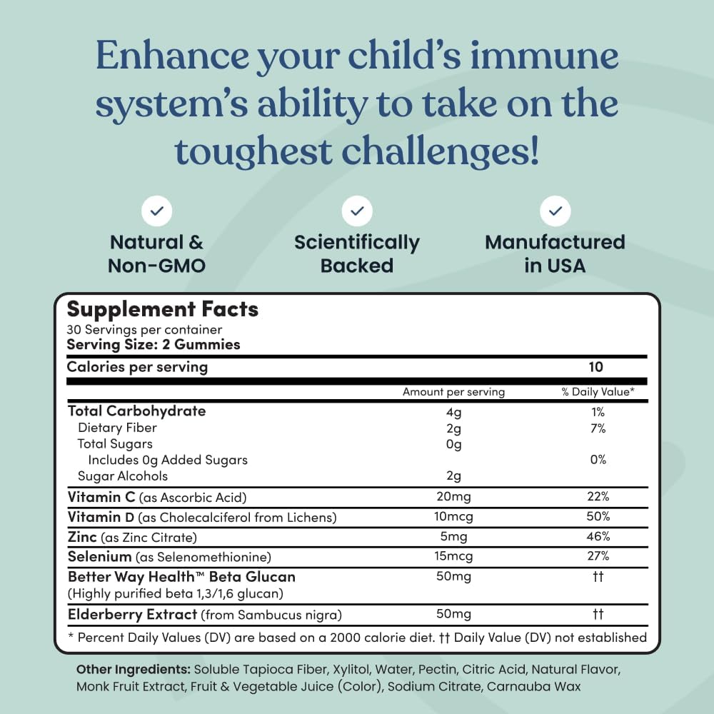 Non-GMO Vegan Kids Gummies with Immune-Boosting Beta Glucan, Elderberry, Vitamin C, D3, Zinc - Sugar Free Mixed Berry Flavor - 60 Gummies