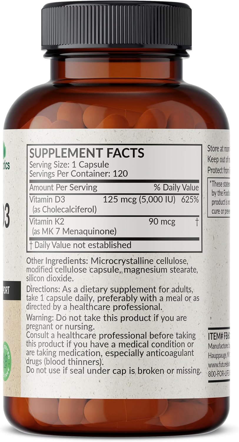 Non-GMO Vitamin D3 & K2 (MK-7) Supplement - 5000 IU D3 & 90 mcg K2 MK-7, 120 Veg Capsules