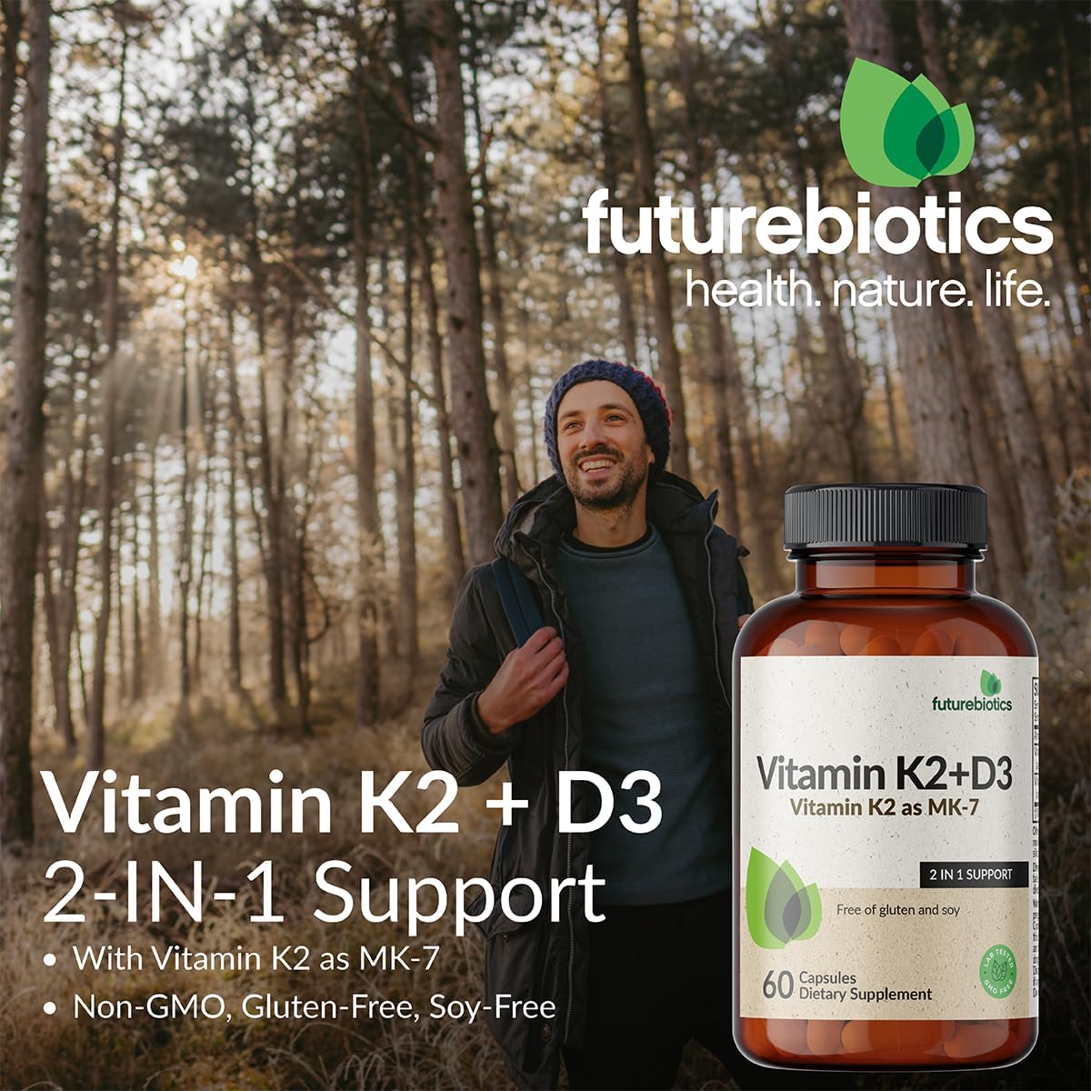 Non-GMO Vitamin D3 & K2 (MK-7) Supplement - 5000 IU D3 & 90 mcg K2 MK-7, 120 Veg Capsules
