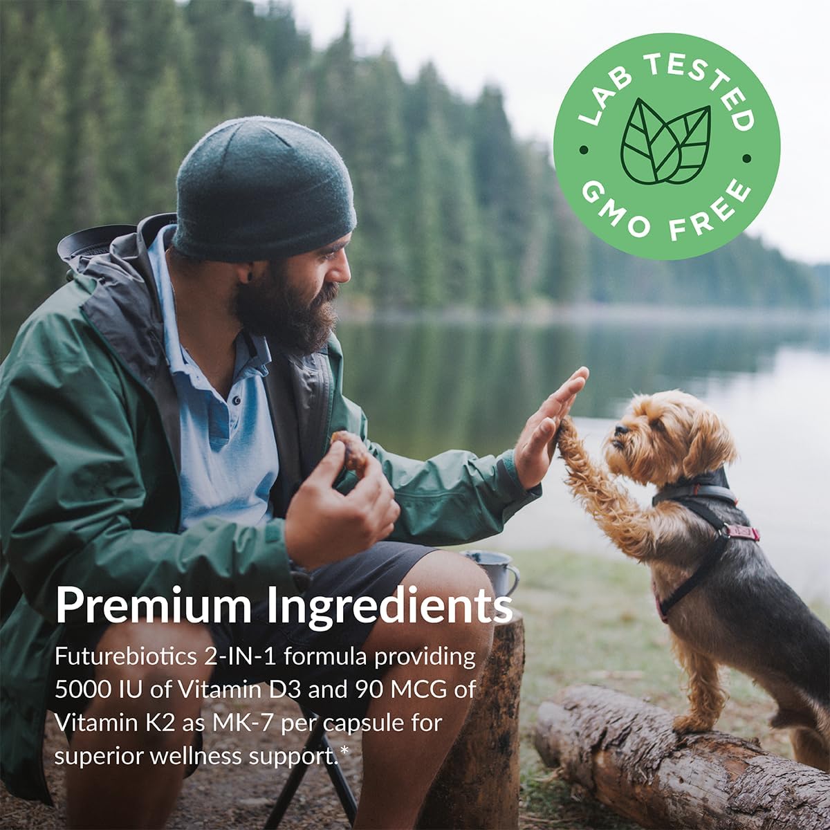 Non-GMO Vitamin D3 & K2 (MK-7) Supplement - 5000 IU D3 & 90 mcg K2 MK-7, 120 Veg Capsules