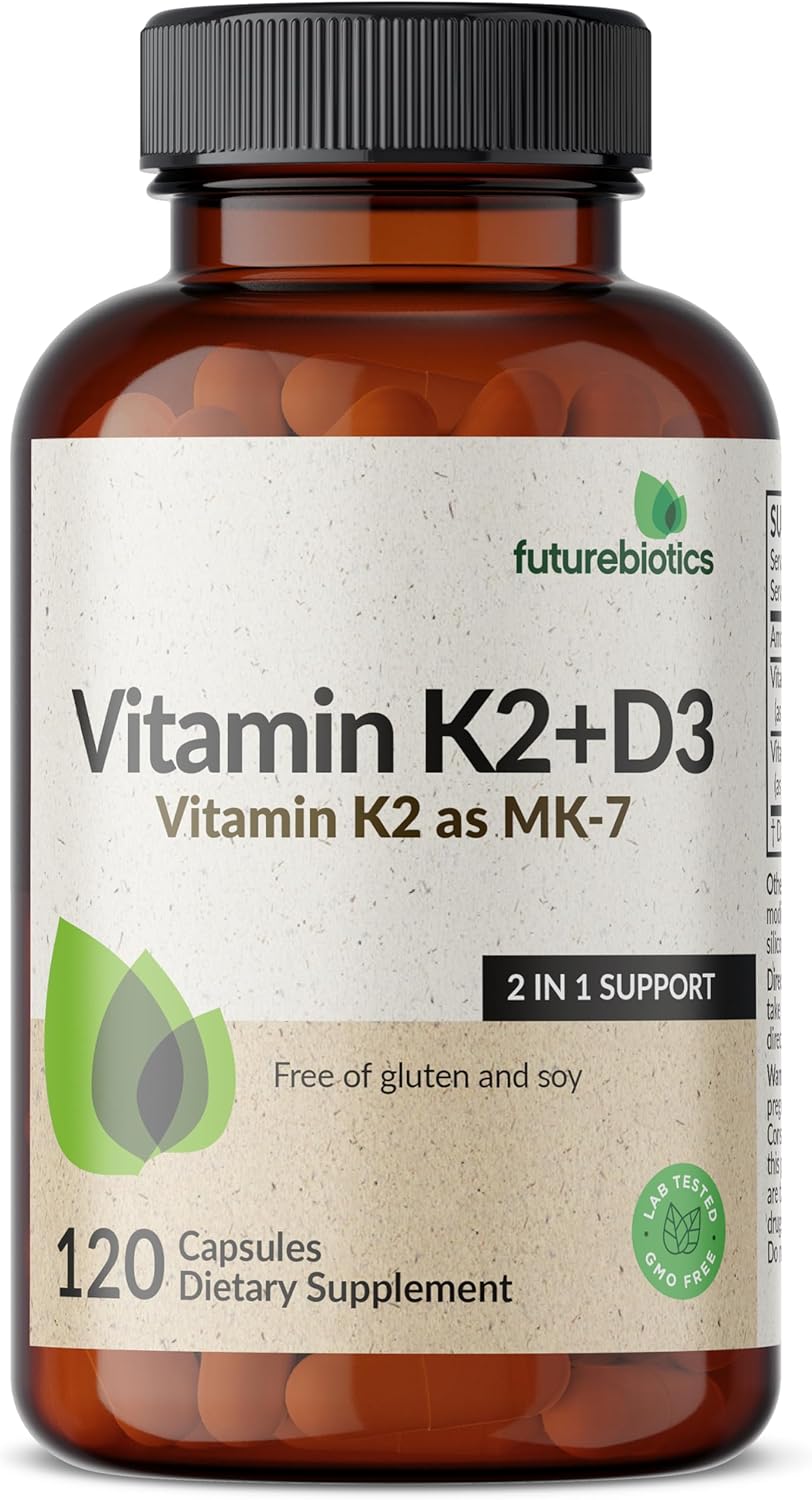Non-GMO Vitamin D3 & K2 (MK-7) Supplement - 5000 IU D3 & 90 mcg K2 MK-7, 120 Veg Capsules