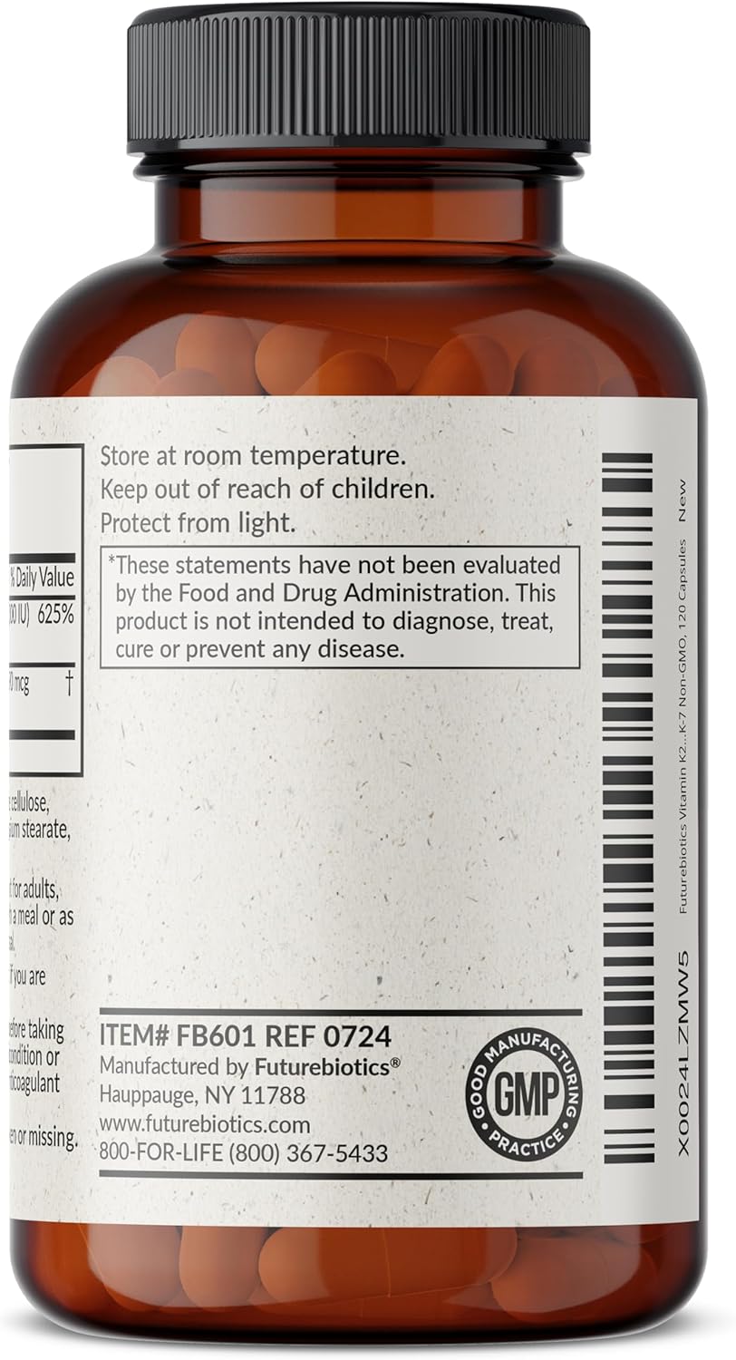 Non-GMO Vitamin D3 & K2 (MK-7) Supplement - 5000 IU D3 & 90 mcg K2 MK-7, 120 Veg Capsules
