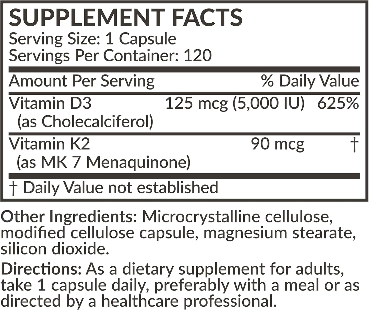 Non-GMO Vitamin D3 & K2 (MK-7) Supplement - 5000 IU D3 & 90 mcg K2 MK-7, 120 Veg Capsules