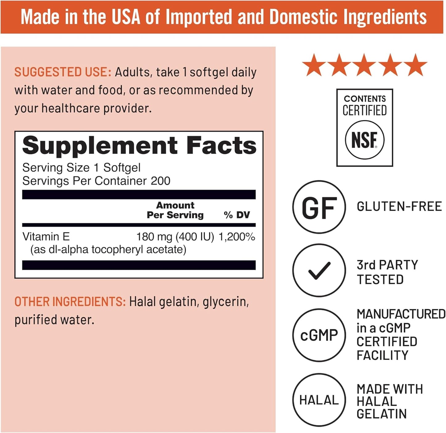 Non-GMO Vitamin E 400 IU Softgels (180mg DL-Alpha) - Antioxidant Supplement for Skin, Heart, Eye, Immune Health - 200 Count