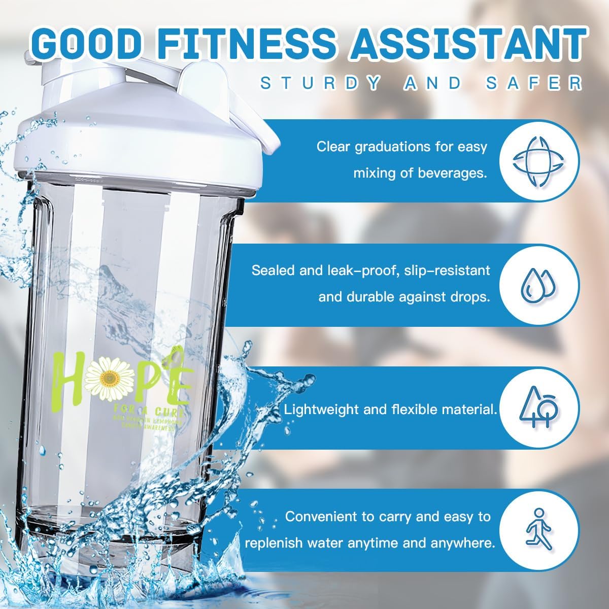 Non Hodgkin Lymphoma Awareness Flower Shaker Bottle - Leak-proof Protein Shake Mixer - 18 Oz White - Hope for A Cure