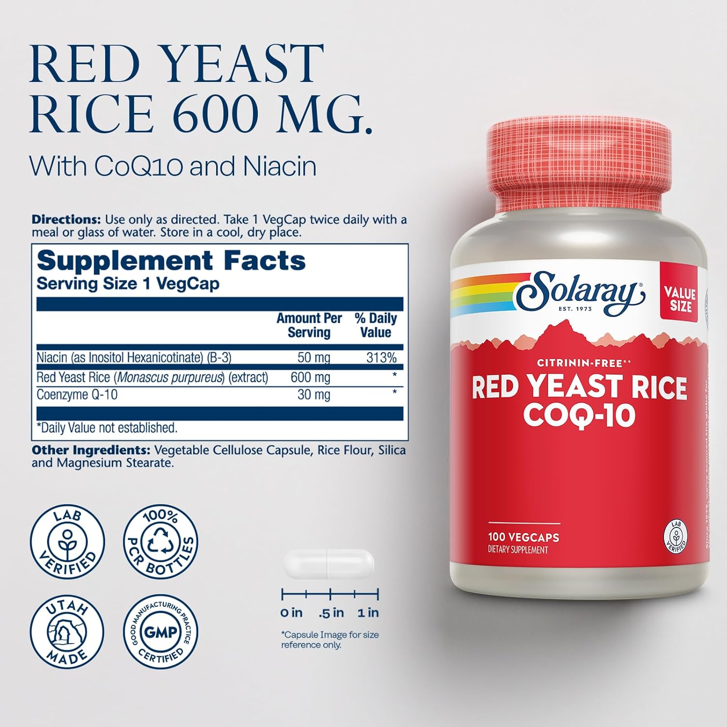 Non-Irradiated Red Yeast Rice with CoQ10 & Niacin - Citrinin Free - 60-Day Guarantee - Lab Verified - 100 Servings