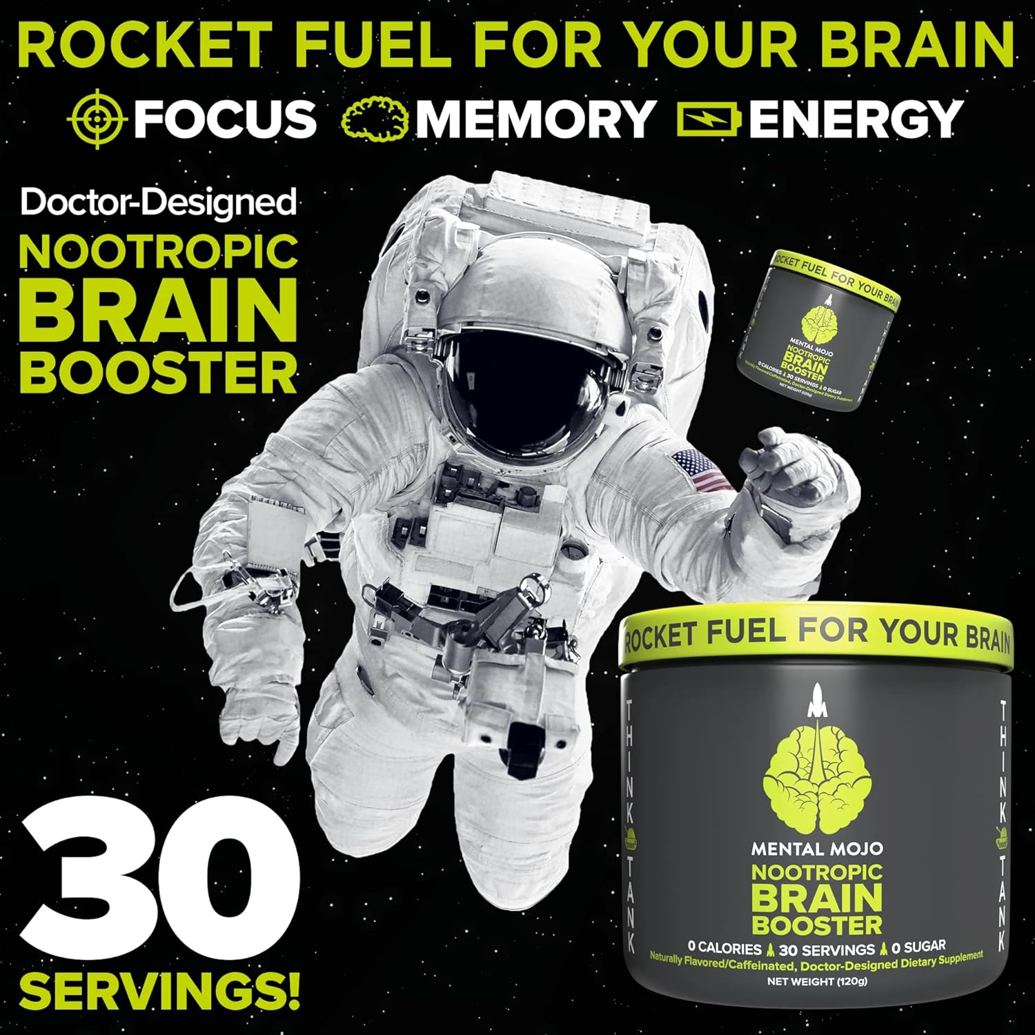 Nootropic Brain Booster Drink Mix - 30 Servings, Sugar-Free Energy & Memory Support - Kiwi Strawberry Flavor