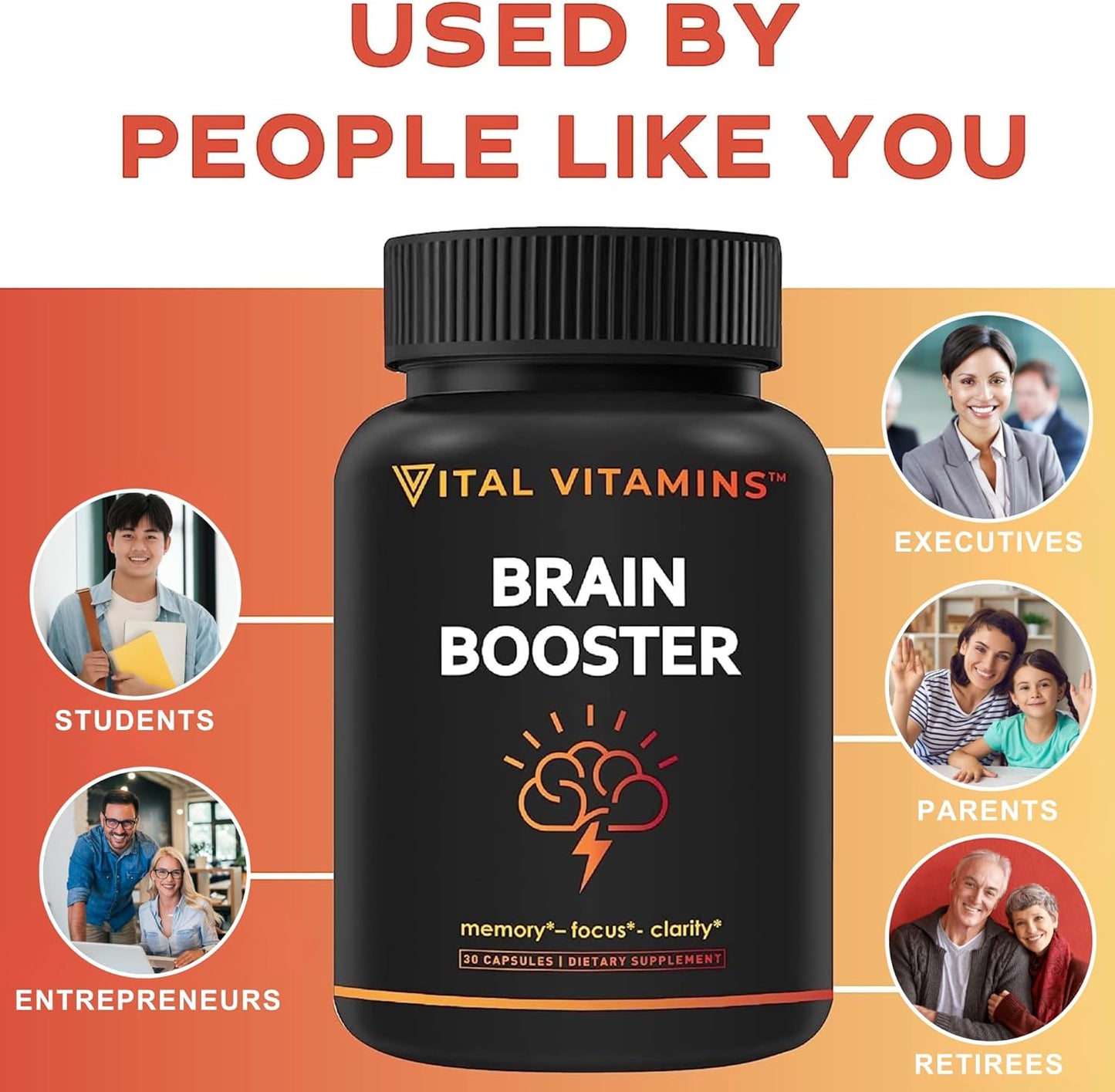 Nootropic Brain Supplement with Ginkgo Biloba & Rhodiola Extract - Boost Memory, Focus, Clarity, Energy - 30 Capsules