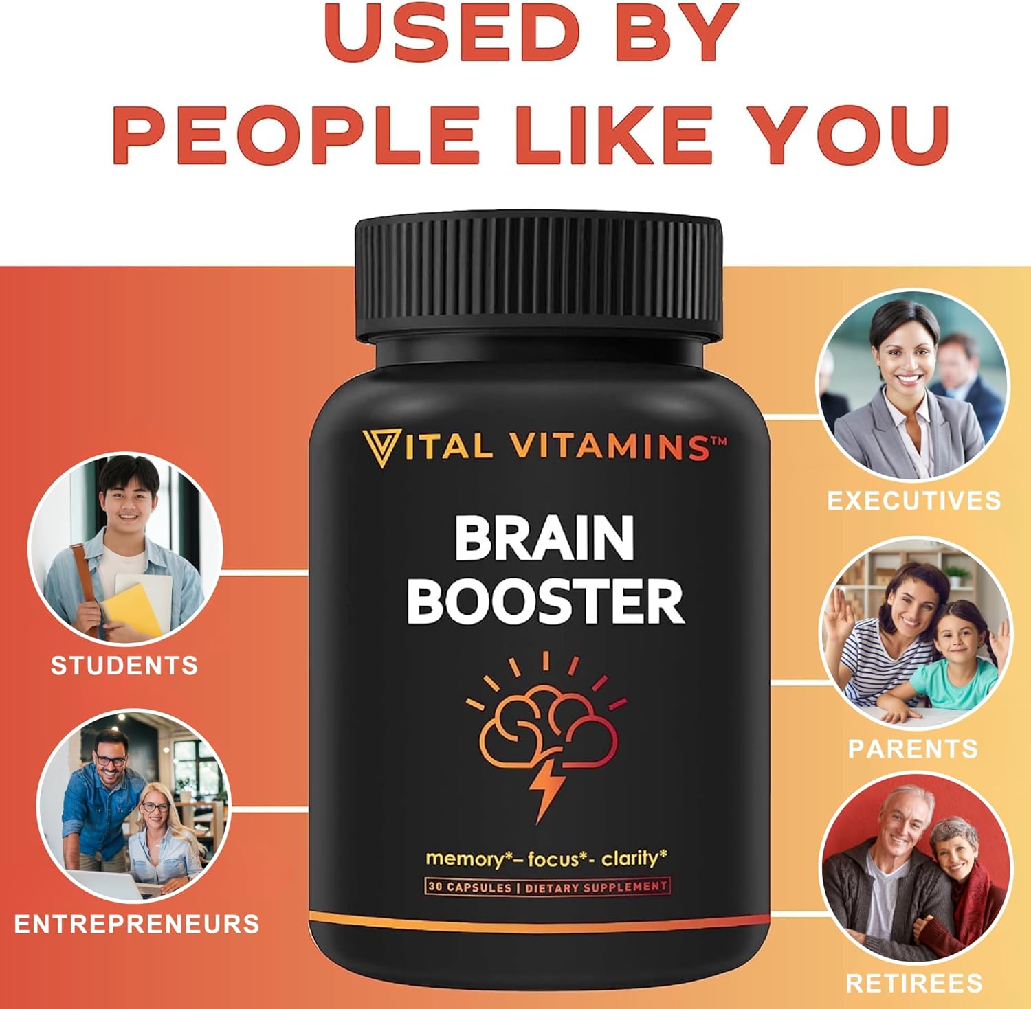 Nootropic Brain Supplement with Ginkgo Biloba & Rhodiola Extract - Boost Memory, Focus, Clarity, Energy - 30 Capsules