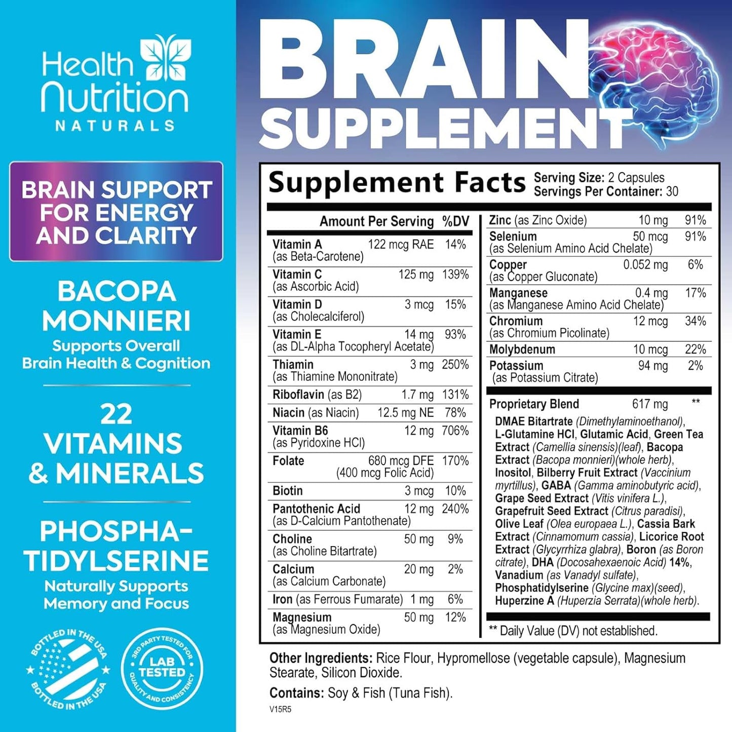 Nootropic Brain Supplements for Memory & Focus - Cognitive Support with Phosphatidylserine & Brain Health Vitamins - 60 Capsules