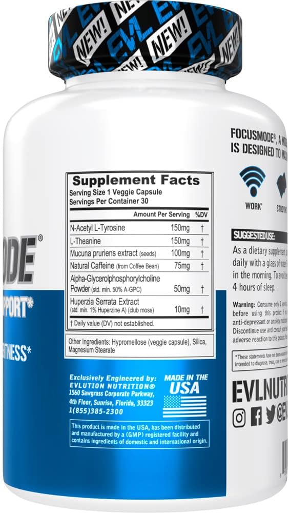 Nootropic Brain Support Supplement for Adults with Caffeine and L-Theanine for Sustained Mental Energy and Focus