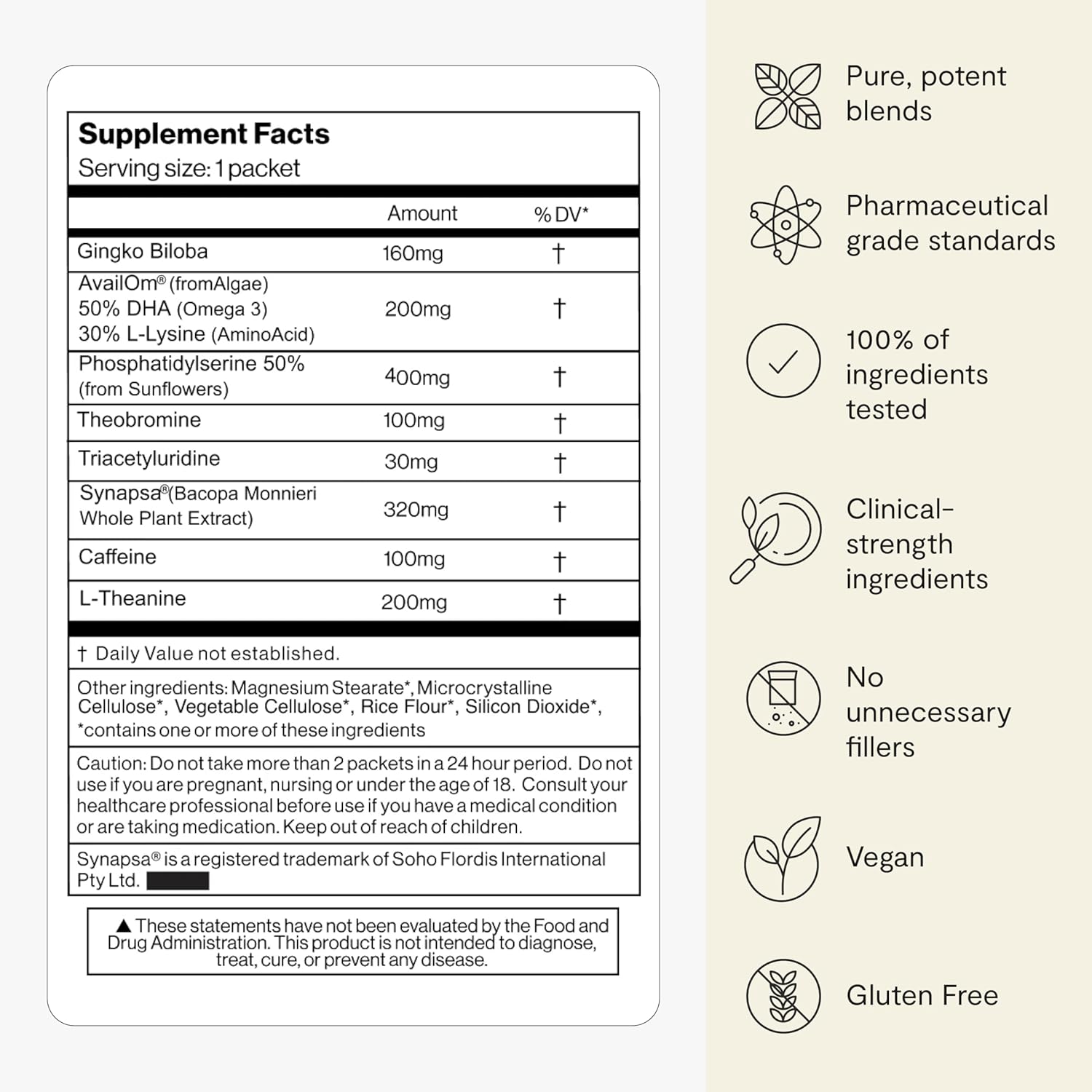 Nootropic Brain Support Supplement for Deep Thinking, Memory, and Focus - Gingko Biloba, Bacopa Monnieri, L-Theanine - 1 Month Supply