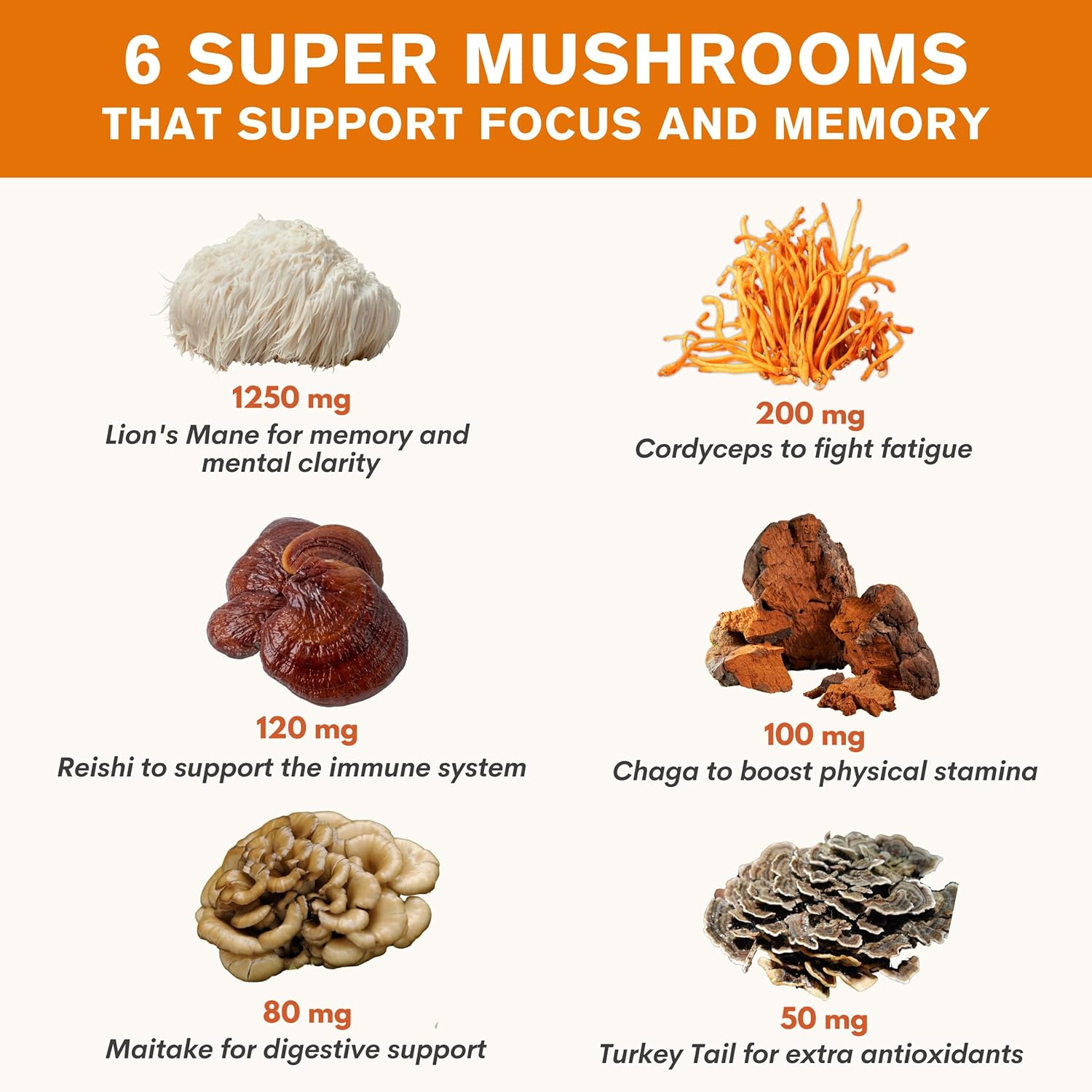 Nootropic Mushroom Supplement with Lions Mane, Turkey Tail, and Maitake for Mental Clarity and Memory Support (90 caps)