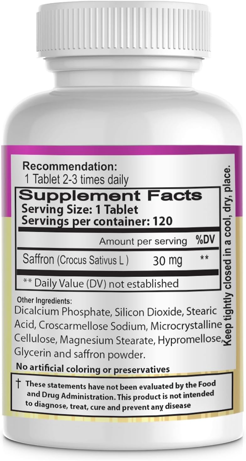 Nootropic Saffron Supplement Tablets - 30mg Saffron for Focus & Clarity - 120 Tablets with Natural Saffron Powder