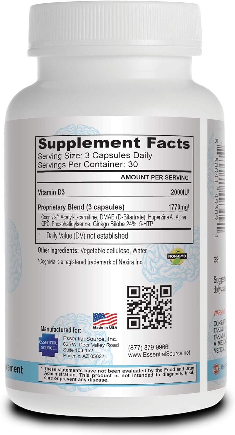 Nootropic Supplement with Vitamin D3, Ginkgo Biloba & Natural Ingredients - Non-GMO - Made in USA - 90 Capsules
