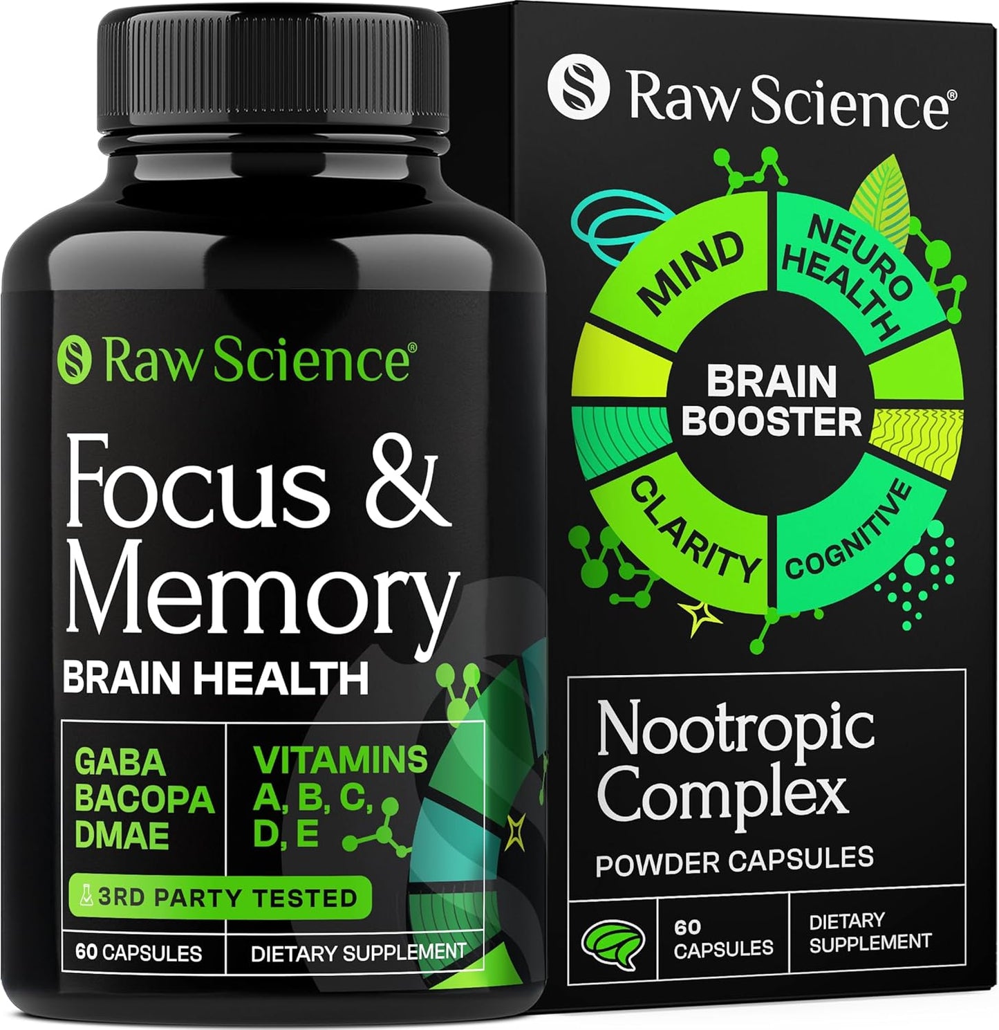 Nootropics Brain Supplements for Memory & Focus with Huperzine A, Phosphatidylserine, DMAE - Brain Health Support: GABA, Choline, DHA, Bacopa Monnieri - 60 Capsules