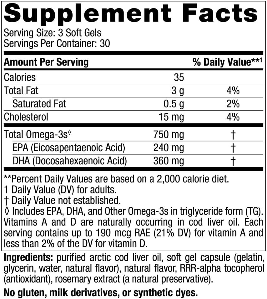 Nordic Naturals Arctic Cod Liver Oil Soft Gels - Lemon Flavor - 90 Count - 750mg Omega-3s with EPA & DHA - Heart, Brain, & Immune Support - Non-GMO - 30 Servings